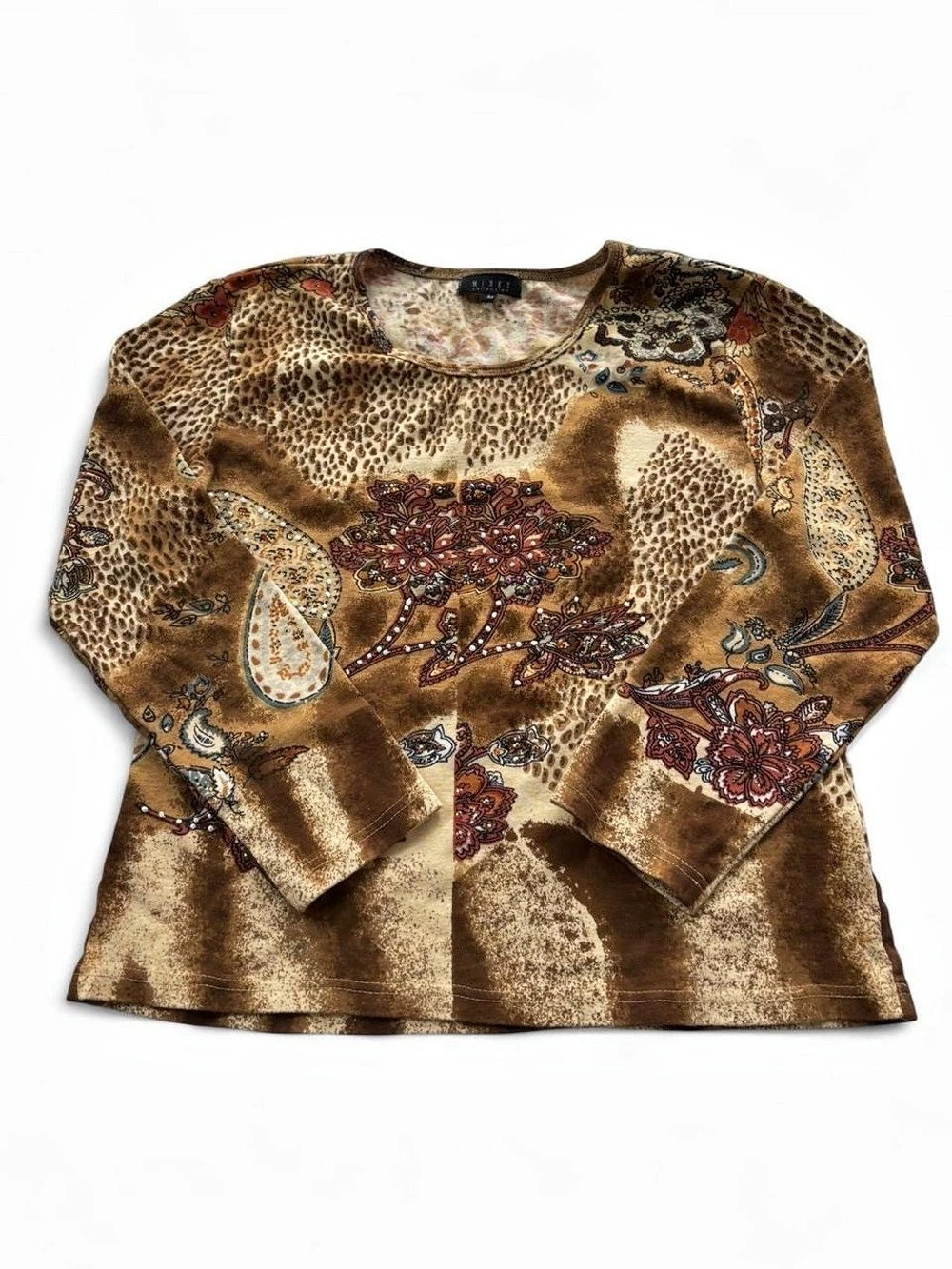 Nikki Collection Animal Print Long Sleeve Top in Brown Size Medium